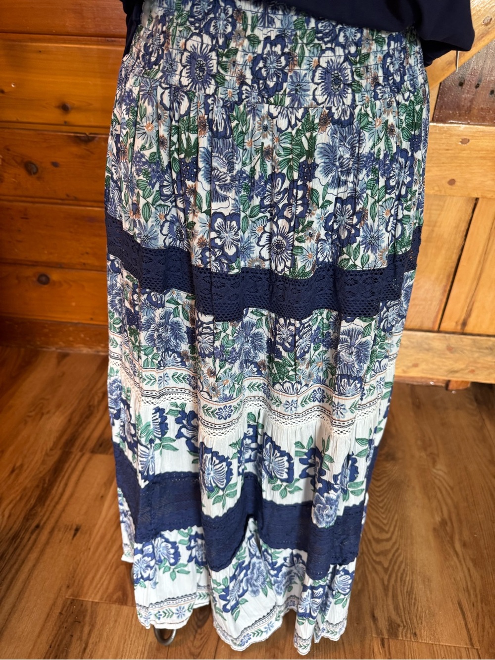 NWT Boho Floral Tiered Maxi Skirt in Blue and Green